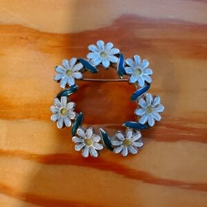 Vintage Floral Wreath Brooch with White and Green Accents